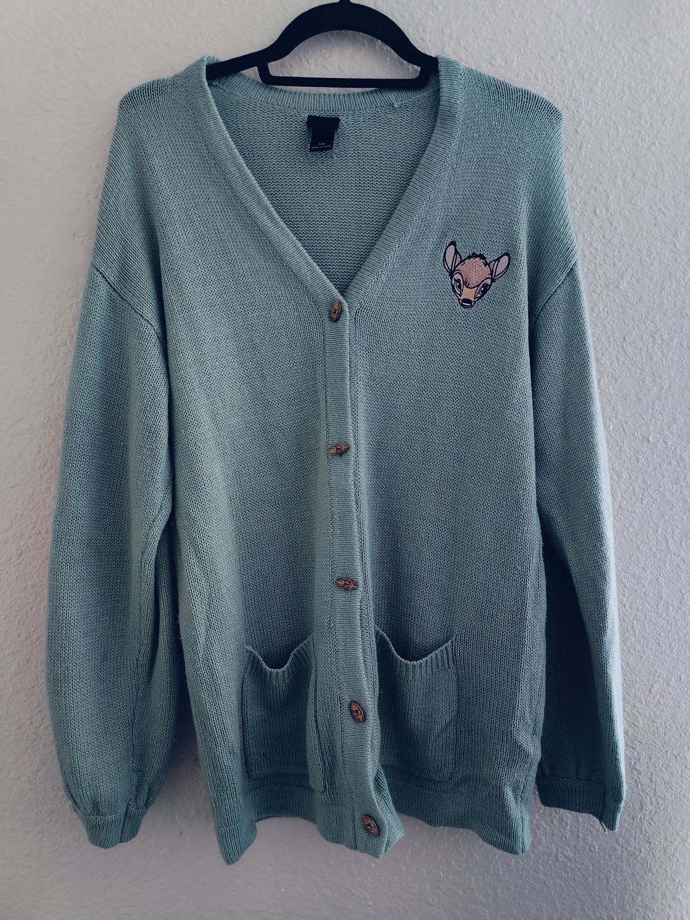 Disney Bambi Light Teal Knit Cardigan Sweater with Bambi Embroidery